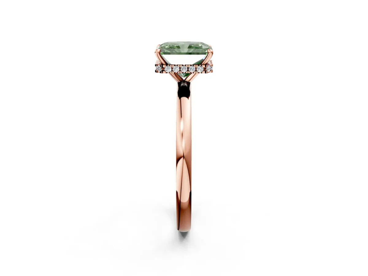 Fancy Green Radiant Cut Solitaire Engagement Ring with Cathedral Band and Four-Prong Setting Rose gold