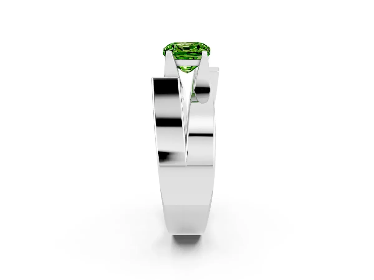 Modern Tension Set Cushion Cut Peridot Solitaire Wide Band Ring Platinum