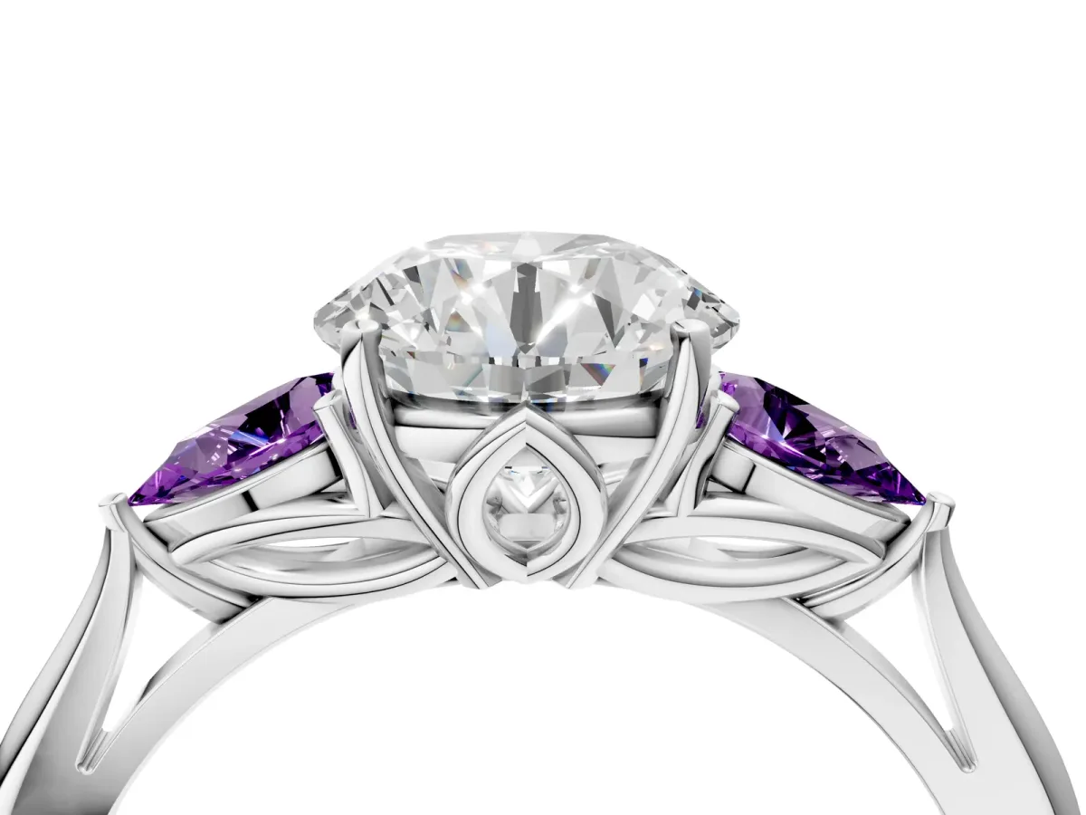 Round Cut Diamond Three-Stone Ring with Pear Amethyst Side Stones and Prong Setting Silver