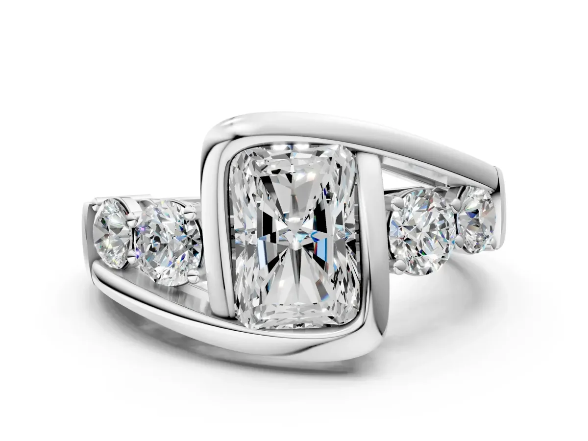 Bezel Set Radiant Cut Diamond Bypass Ring with Round Accents White gold