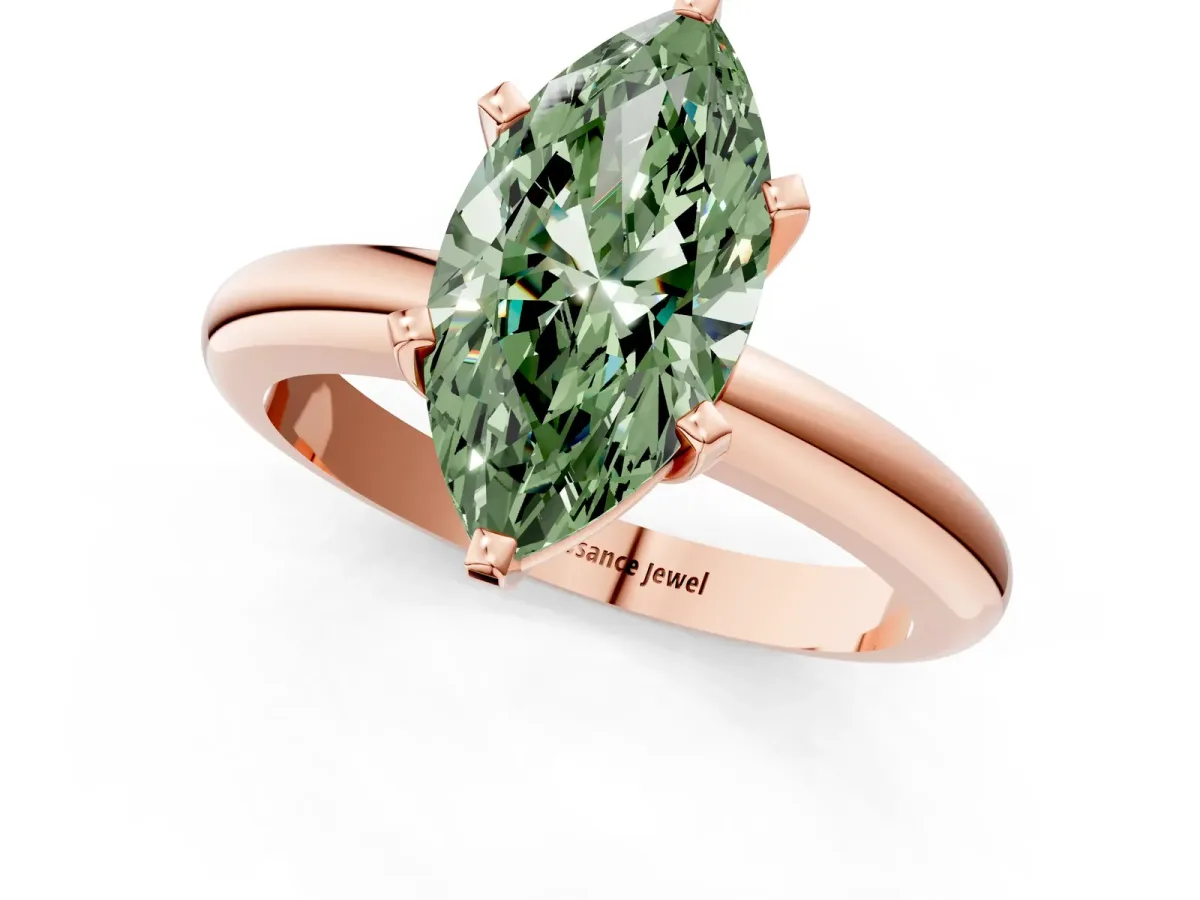Fancy Green Marquise Cut Diamond Solitaire Engagement Ring with Round Band and Four-Prong Setting Rose gold