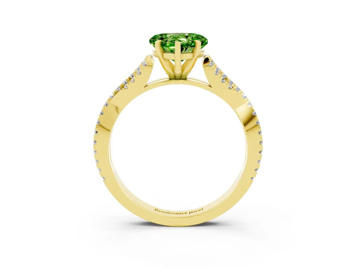 Heart Cut Peridot Solitaire Engagement Ring with Twisted Pavé Band and Four-Prong Setting Yellow gold