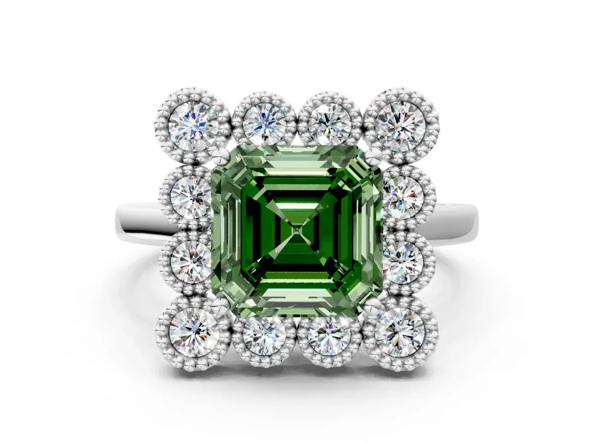 Fancy Green Asscher Cut Halo Diamond Cluster Engagement Ring with Milgrain Bezel Setting and Solitaire Band Platinum