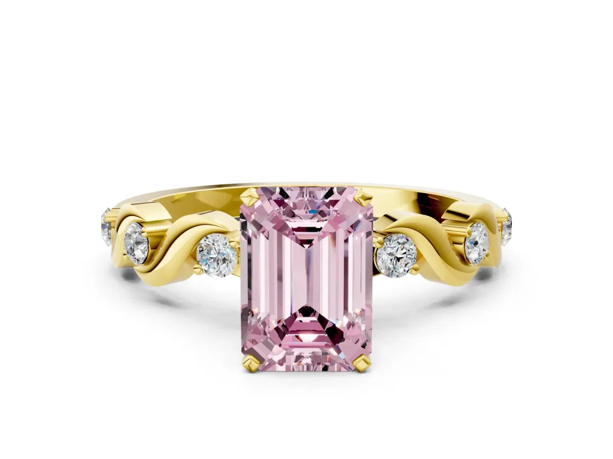Fancy Pink Emerald Cut Diamond Solitaire Twisted Band with Round Accents and Prong Setting Yellow gold
