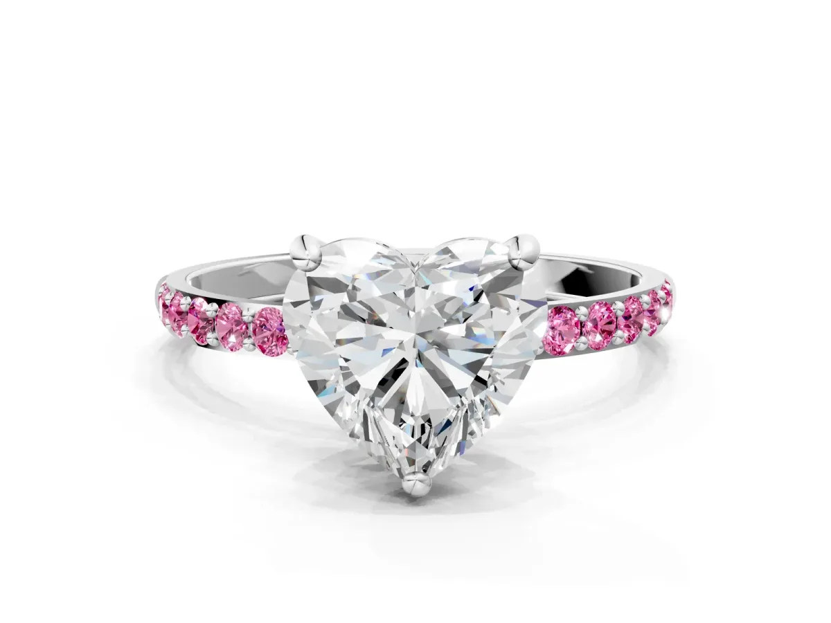 Heart Cut Diamond Solitaire Ring with Round Pink Sapphire Pavé Band and Prong Setting White gold