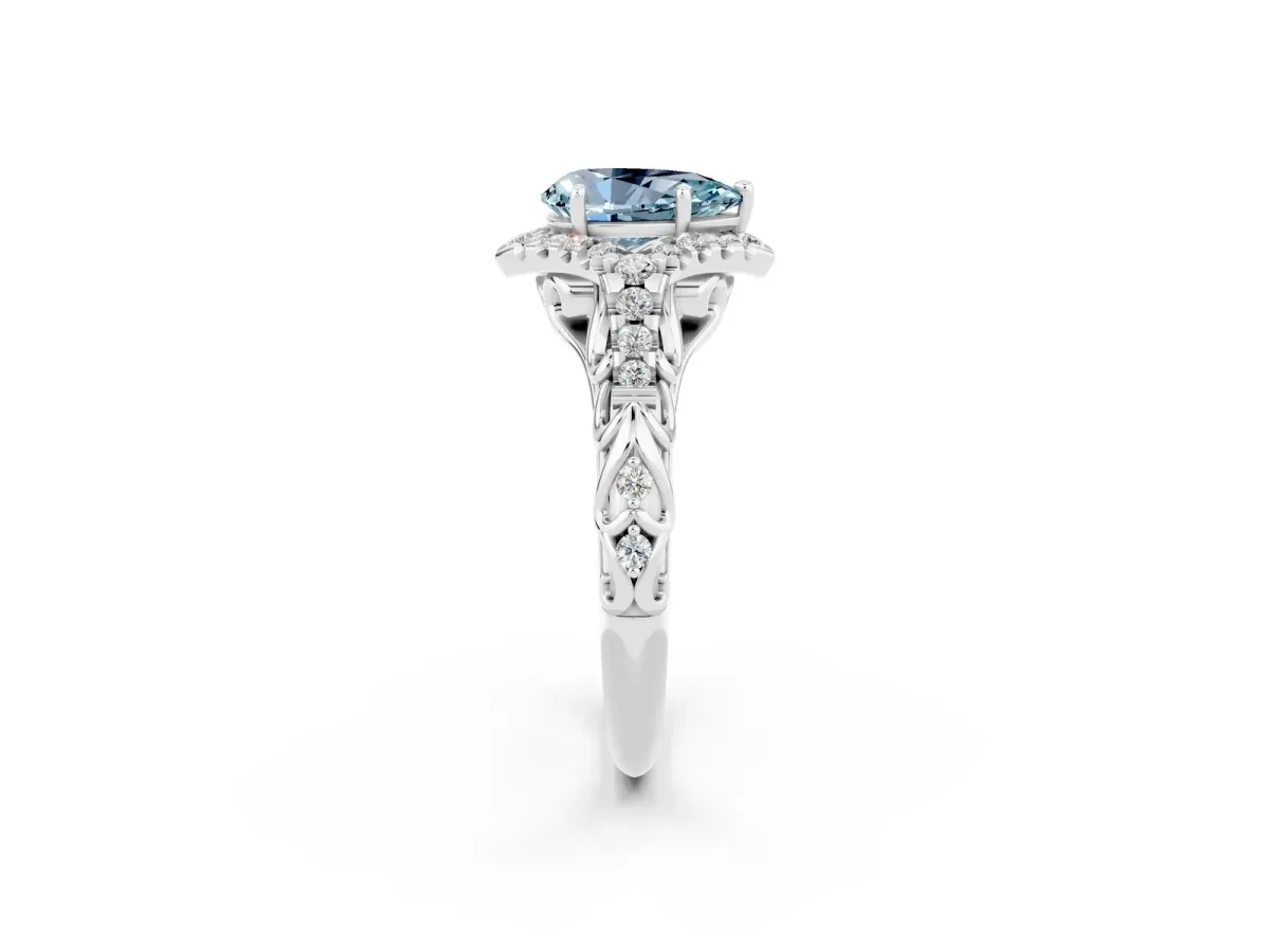 Pear Cut Aquamarine Solitaire Ring with Hidden Halo and Pavé Band White gold