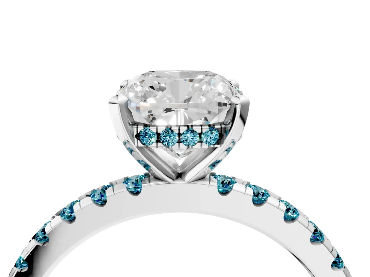 Cushion Cut Diamond Solitaire Ring with Round Blue Topaz Pavé Band and Four-Prong Setting White gold