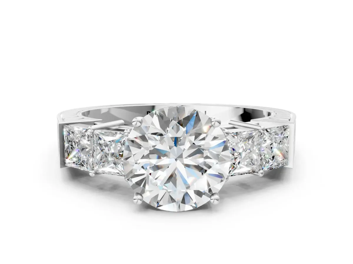 Round Cut Solitaire Princess Side Stone Engraved Band Prong Setting Ring Platinum