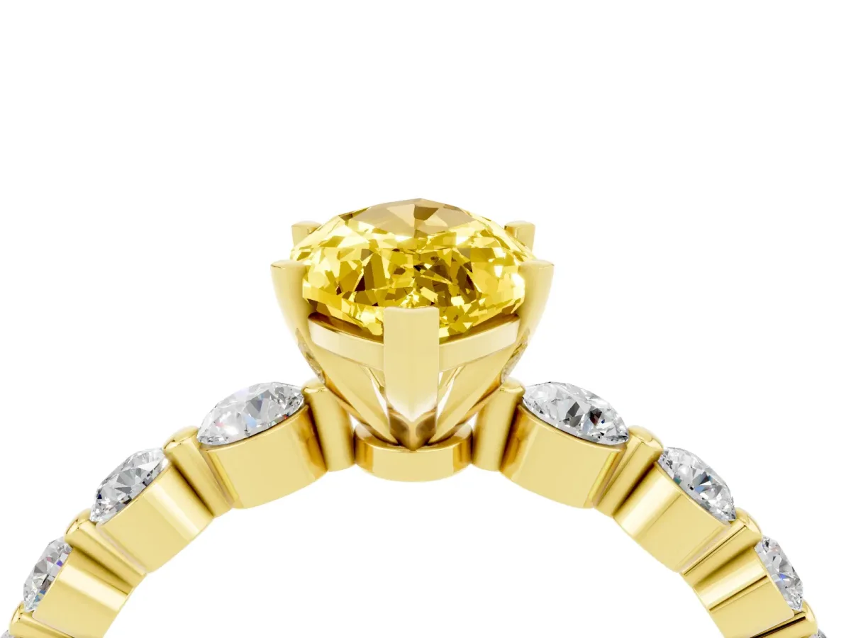 Marquise Cut Solitaire Yellow Sapphire Ring with Pave Band and Four-Prong Setting Yellow gold