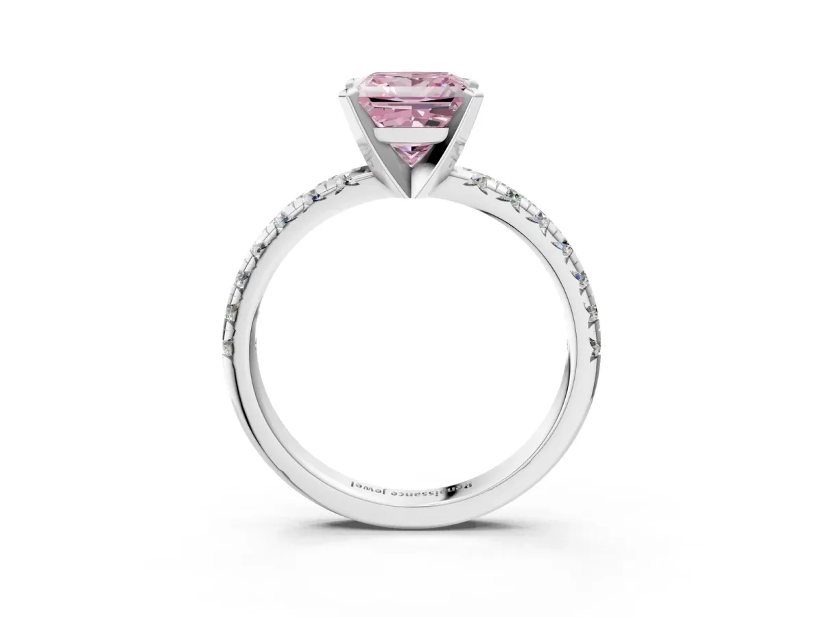 Fancy Pink Princess Cut Diamond Solitaire Pavé Engagement Ring with Round Band and Prong Setting White gold