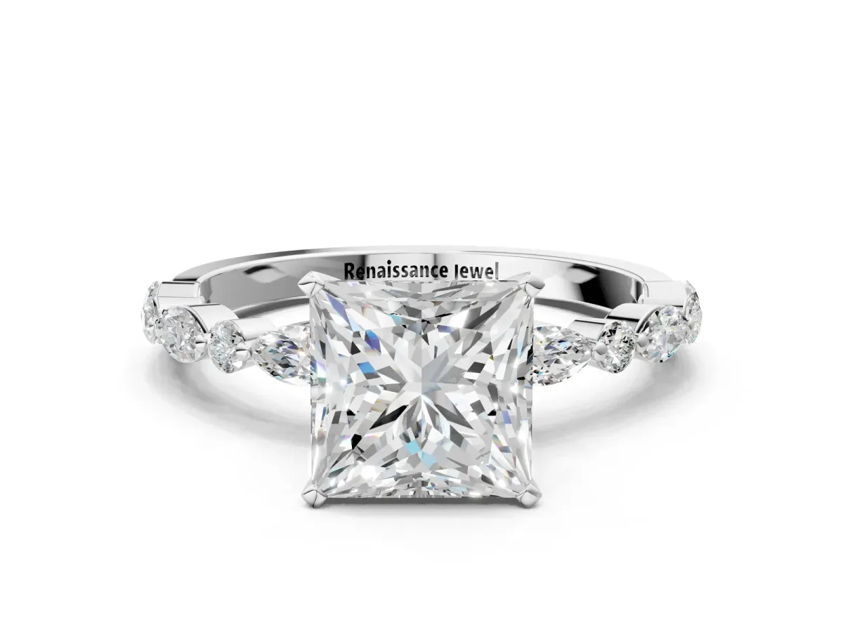 Princess Cut Diamond Ring with Marquise and Round Moissanite Side Stones and Four-Prong Setting Silver