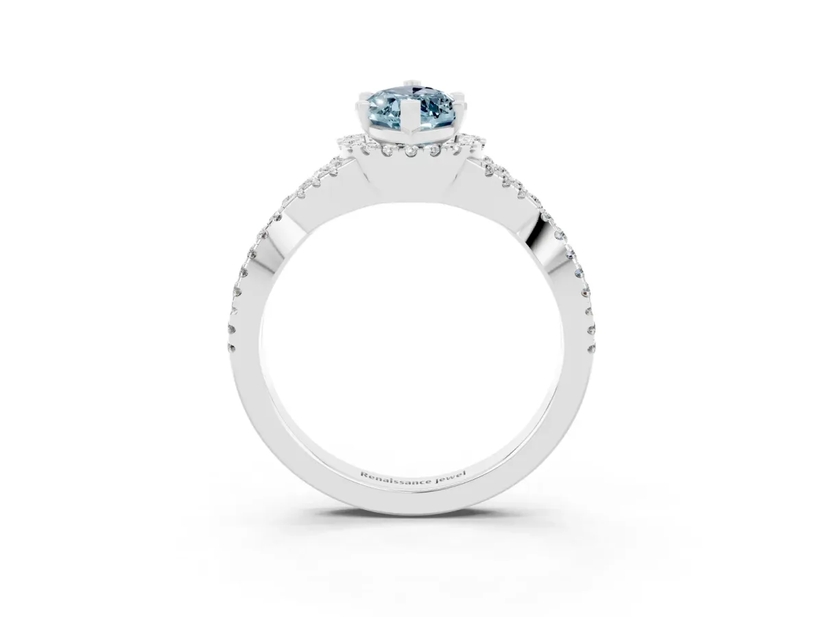 Marquise Cut Aquamarine Halo Twist Band Solitaire Prong Setting Ring White gold