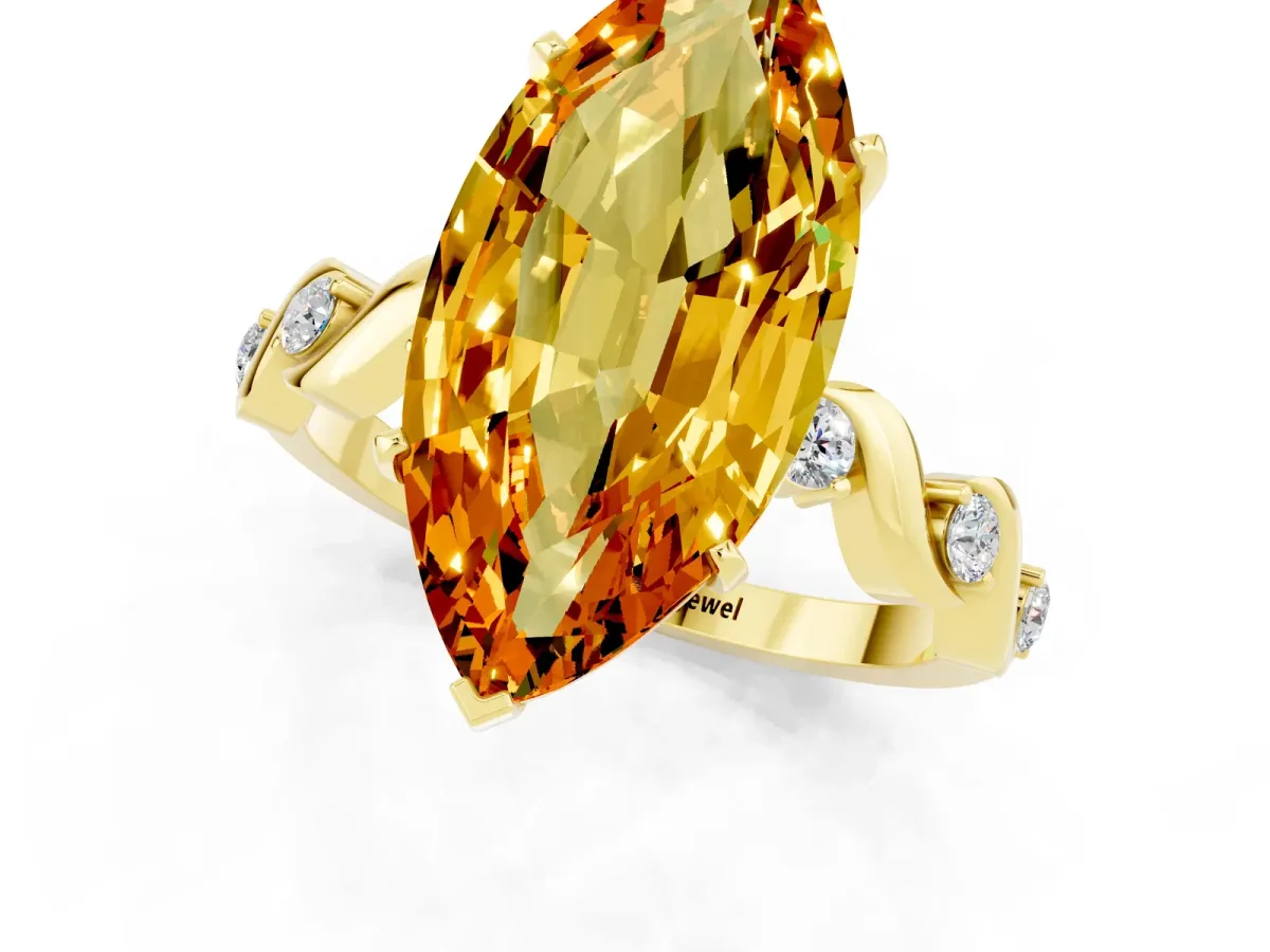 Marquise Cut Citrine Solitaire Twisted Band with Round Accents and Prong Setting Yellow gold