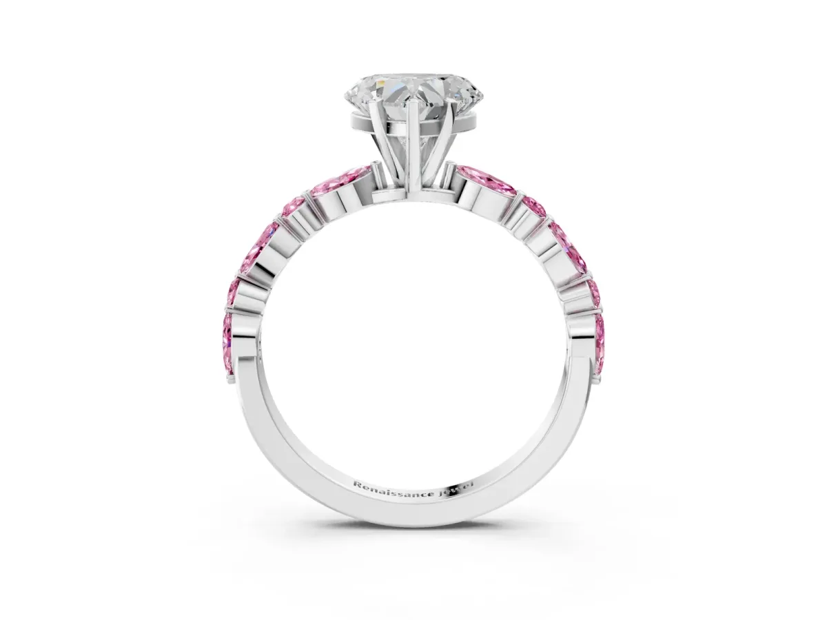 Heart Cut Diamond Ring with Marquise and Round Pink Sapphire Side Stones and Four-Prong Setting Platinum