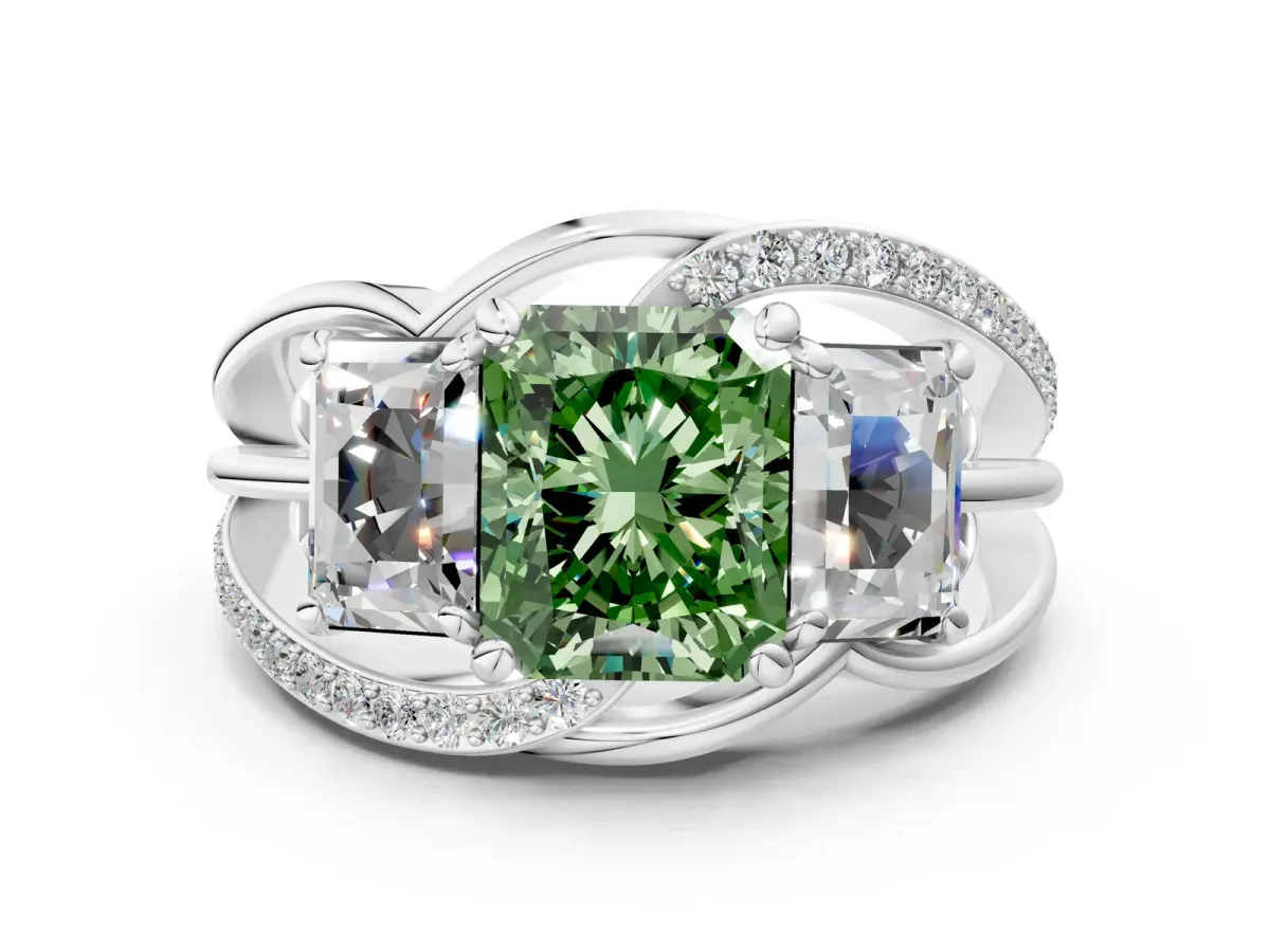 Fancy Green Three-Stone Radiant Cut Cut Diamond Split Shank Prong Set Ring Platinum