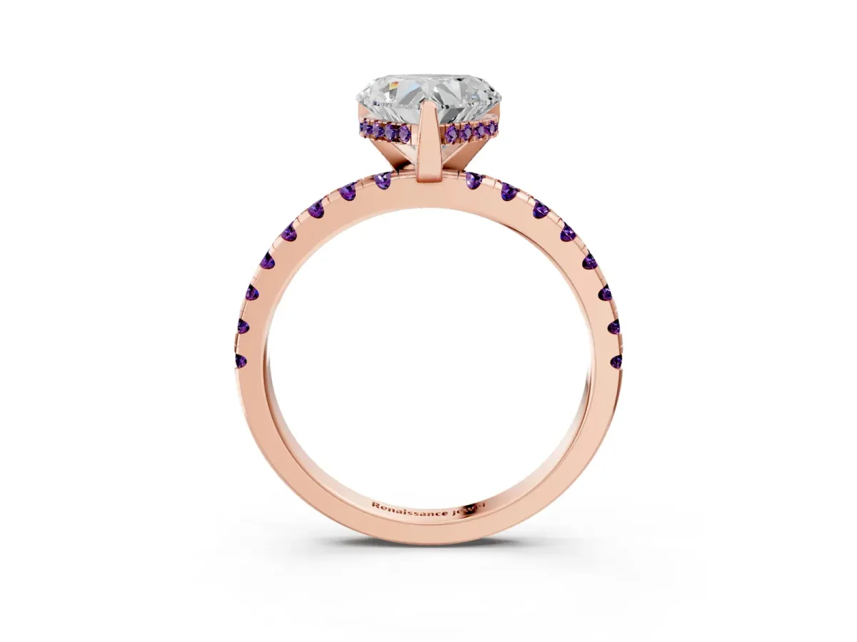 Heart Cut Diamond Solitaire Ring with Round Amethyst Pavé Band and Four-Prong Setting Rose gold