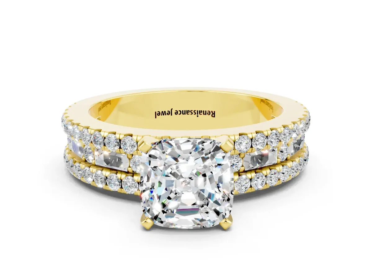 Cushion Cut Moissanite Solitaire Ring with Pavé and Channel Set Band Yellow gold