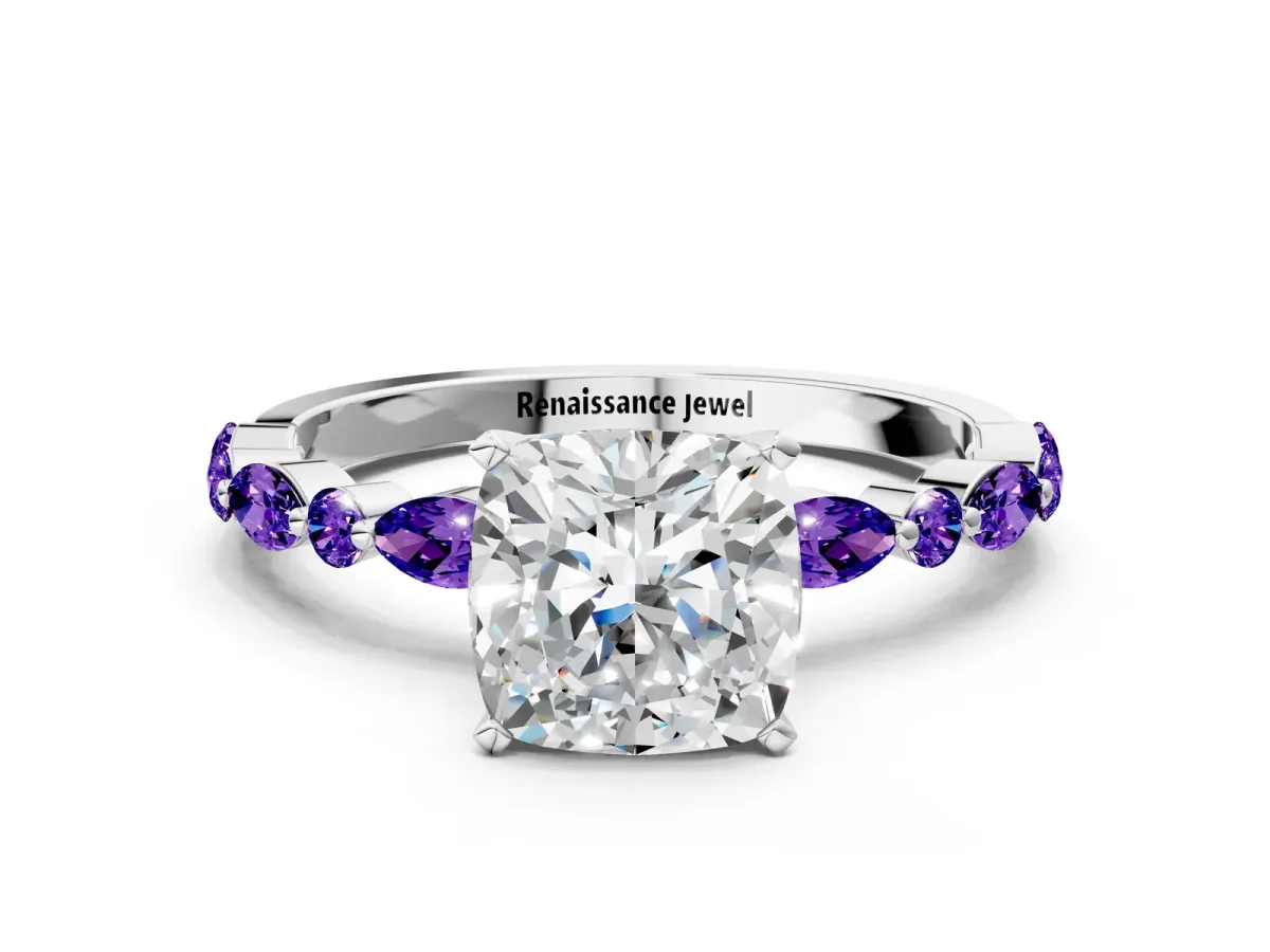 Cushion Cut Diamond Ring with Marquise and Round Tanzanite Side Stones and Four-Prong Setting White gold