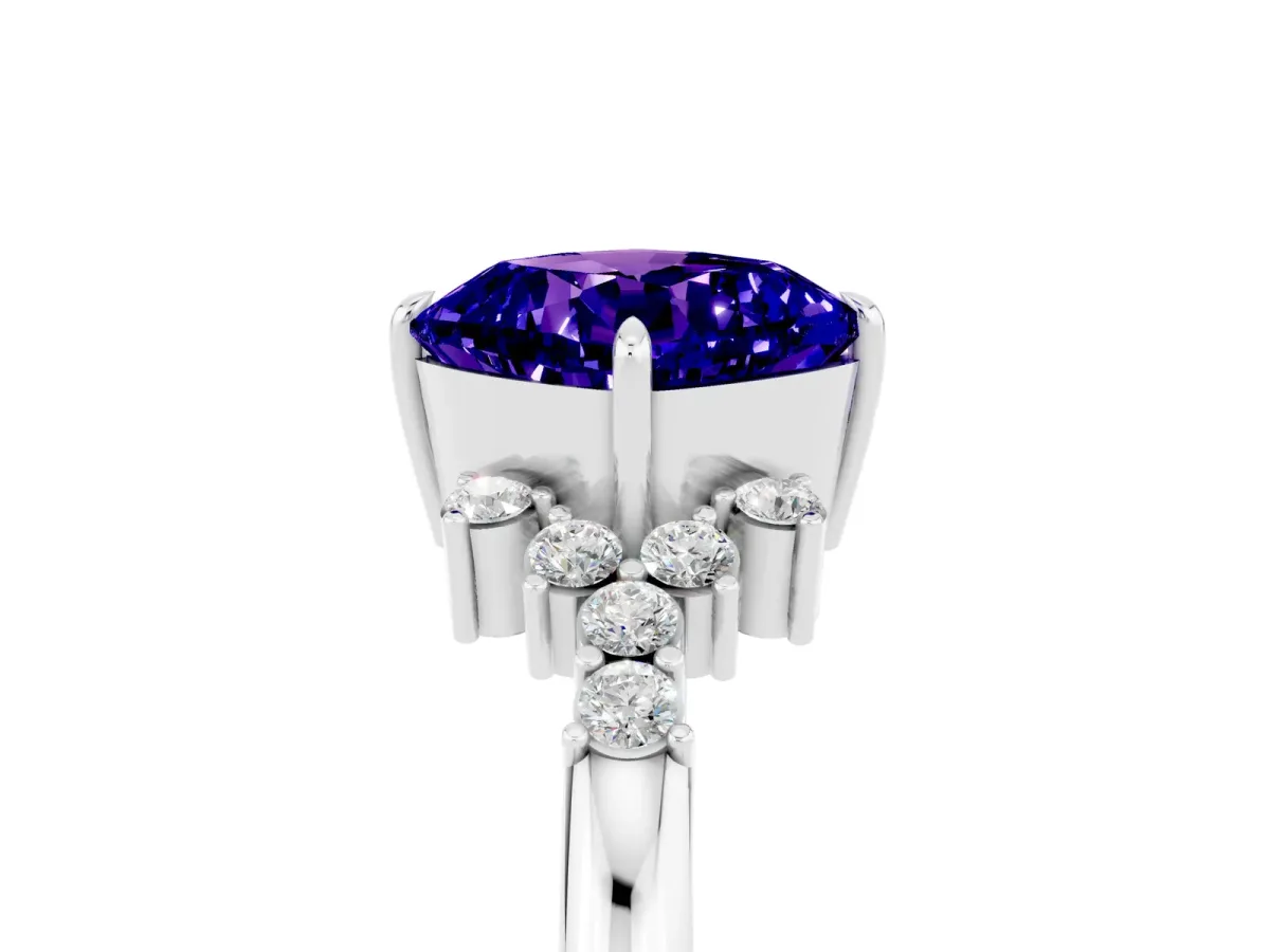 Cushion Cut Tanzanite Ring with Side Stones and Four-Prong Setting Silver