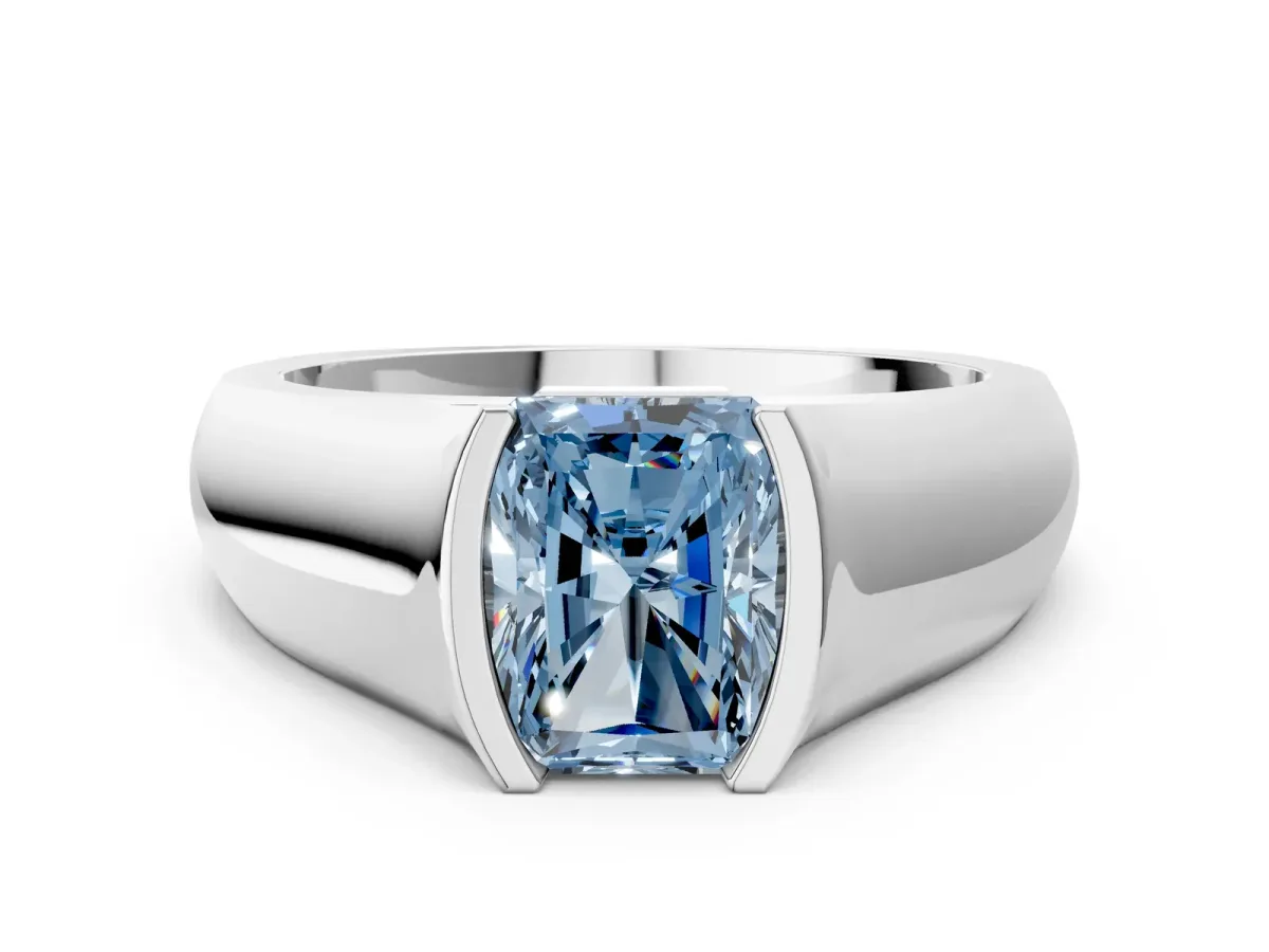 Fancy Blue Radiant Cut Solitaire Bezel Set Diamond Ring with Wide Band Platinum