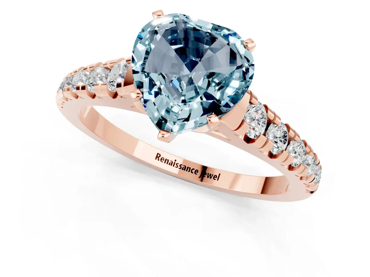 Heart Cut Aquamarine Cathedral Solitaire Ring with Round Pavé Band Rose gold