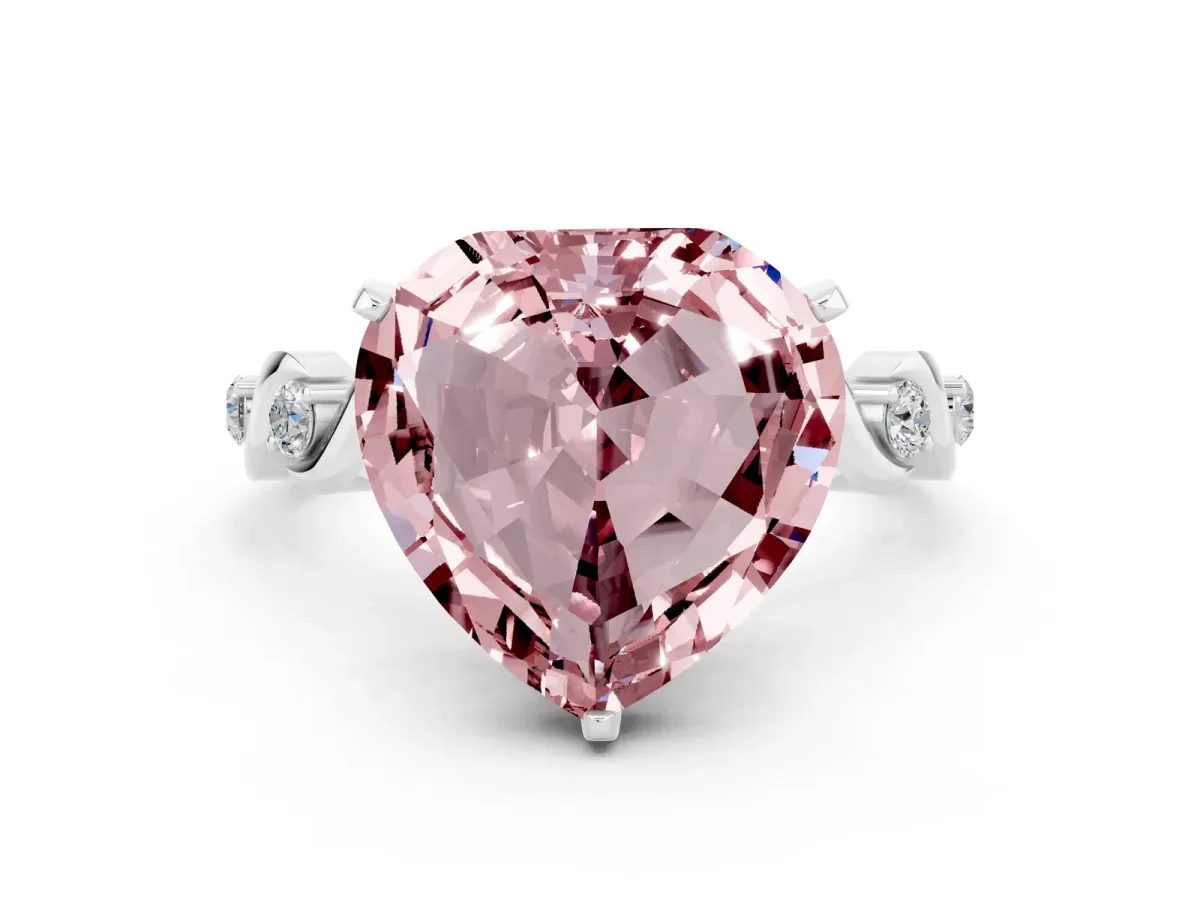 Heart Cut Morganite Solitaire Twisted Band with Round Accents and Prong Setting White gold