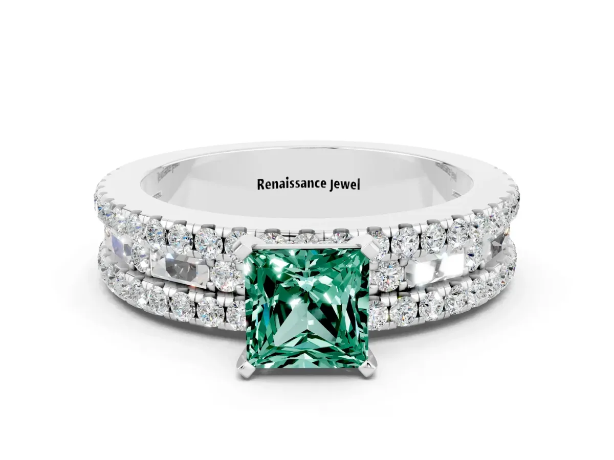Princess Cut Green Sapphire Solitaire Ring with Pavé and Channel Set Band White gold
