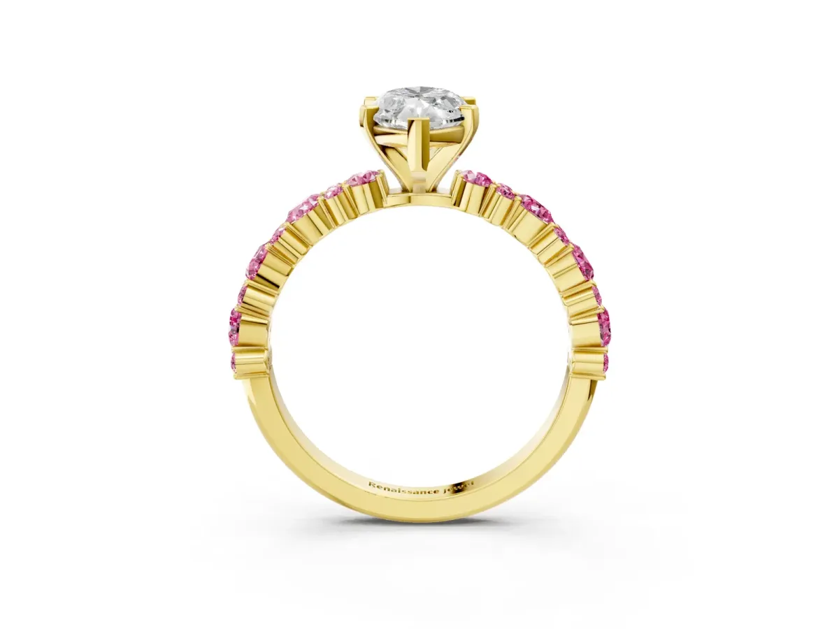 Marquise Cut Diamond Side Stone Solitaire Ring with Round Pink Sapphire and Four-Prong Setting Yellow gold
