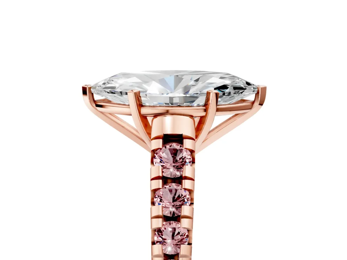 Marquise Cut Diamond Cathedral Solitaire Ring with Round Morganite Pavé Band Rose gold