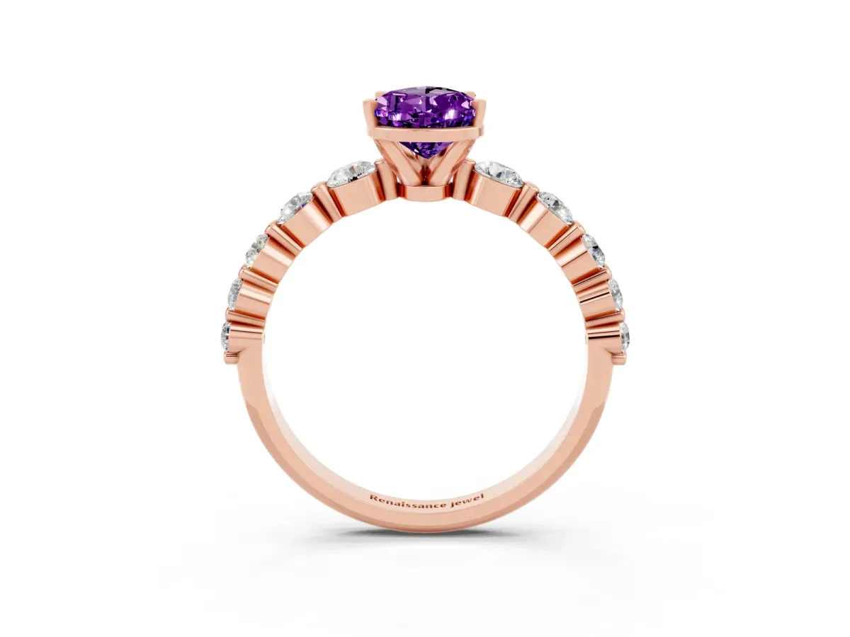 Pear Cut Solitaire Amethyst Ring with Pave Band and Four-Prong Setting Rose gold