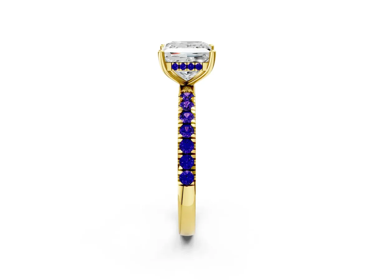 Princess Cut Diamond Pave Band Solitaire Ring with Round Tanzanite and Prong Setting Yellow gold