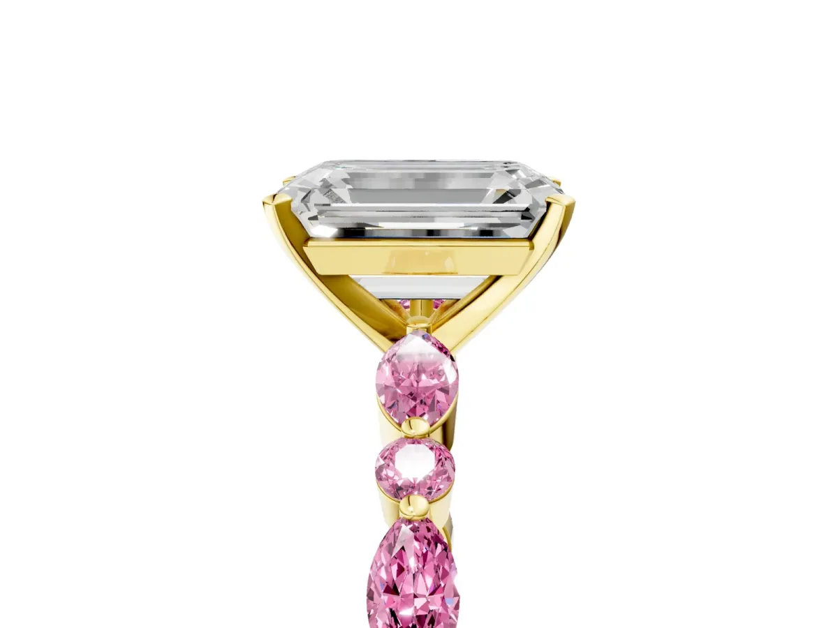 Emerald Cut Diamond Ring with Marquise and Round Pink Sapphire Side Stones and Four-Prong Setting Yellow gold