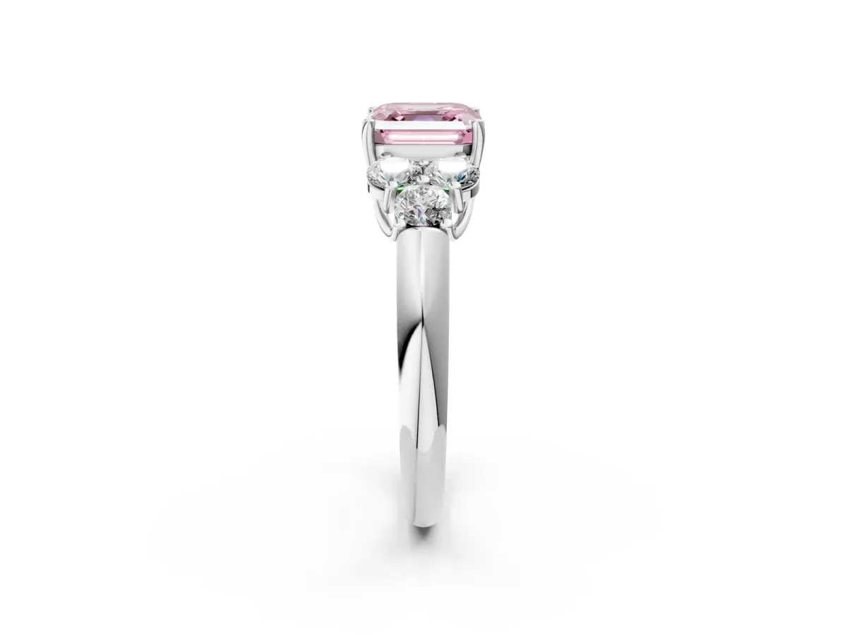 Fancy Pink Asscher Cut Cut Diamond Cluster Ring with Round Accent Stones and Prong Setting on a Classic Band Platinum