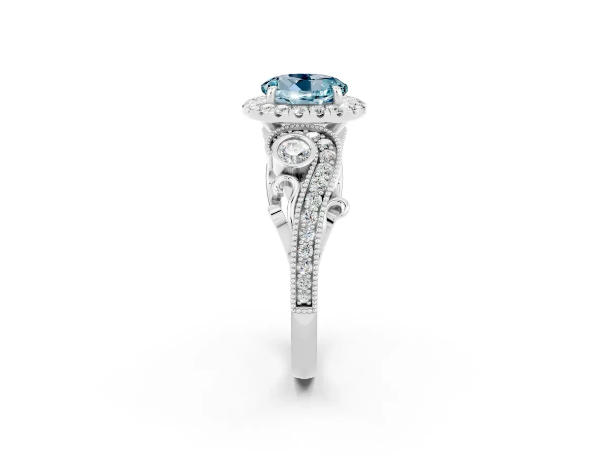 Round Cut Aquamarine Halo Ring with Milgrain Pavé Band and Four-Prong Setting Platinum