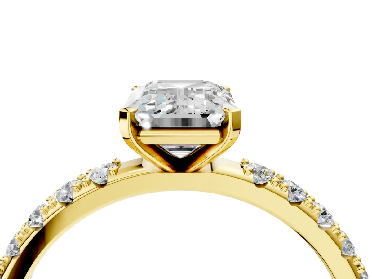 Emerald Cut Diamond Solitaire Pavé Band with Four-Prong Setting Yellow gold