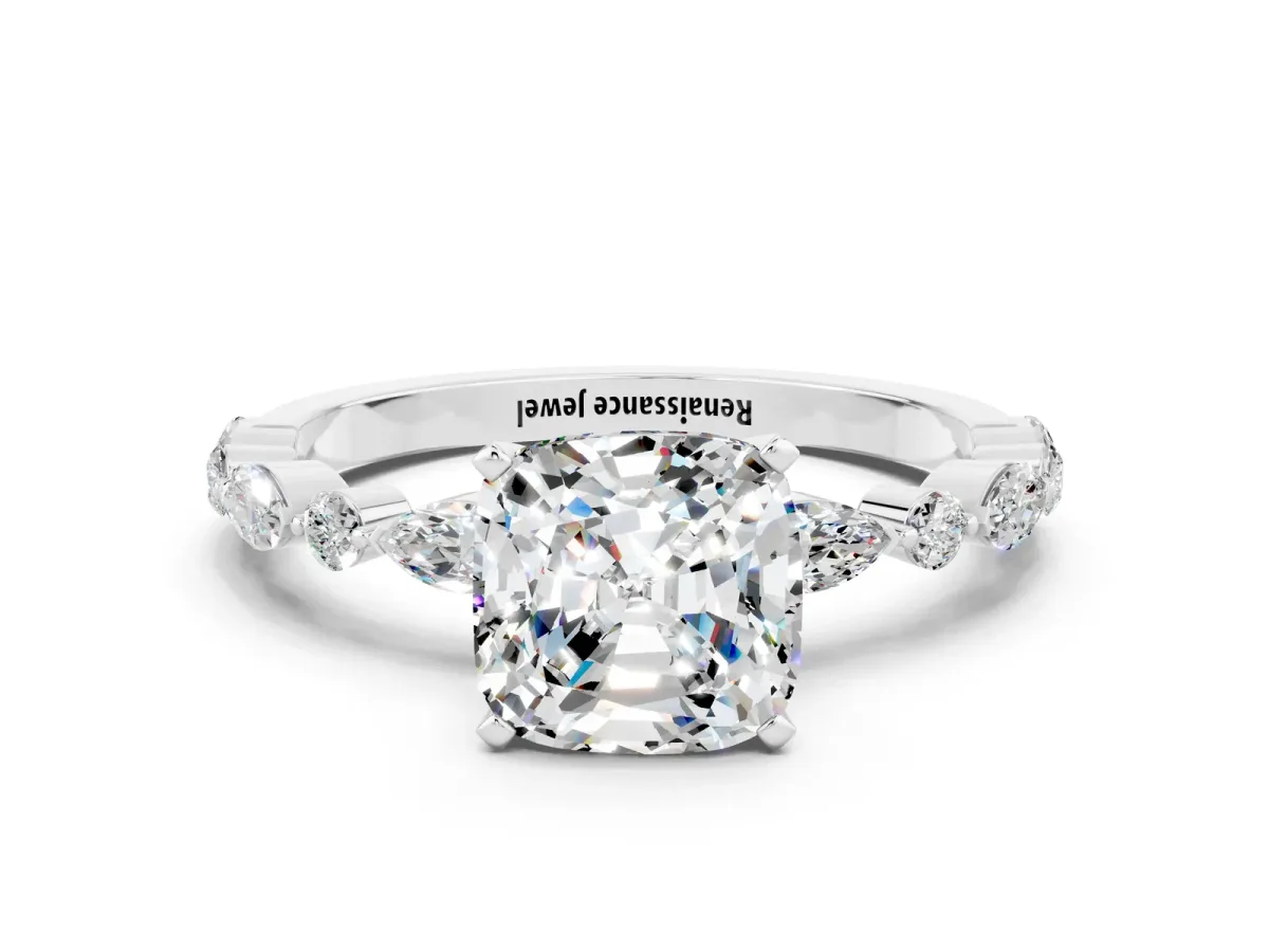 Cushion Cut Moissanite Ring with Marquise and Round Side Stones and Four-Prong Setting White gold