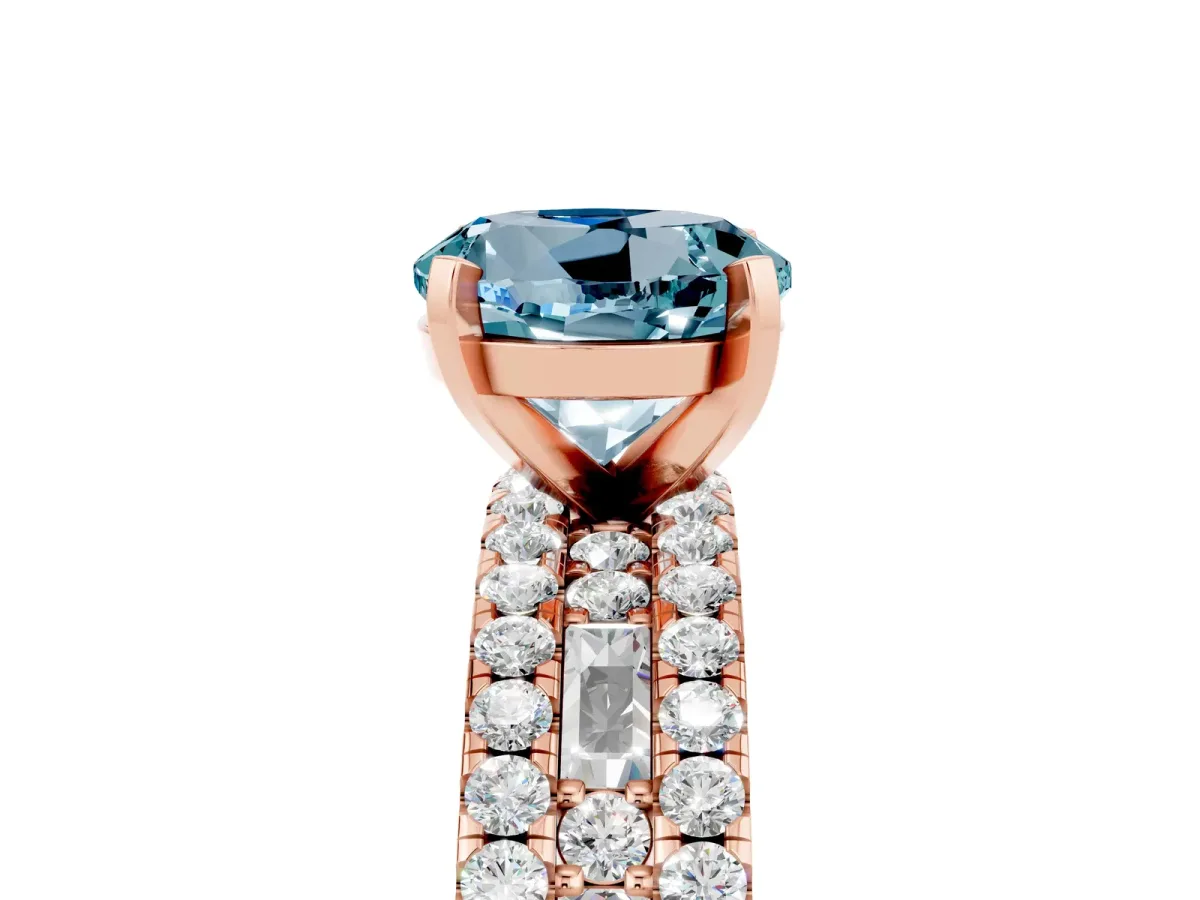 Round Cut Aquamarine Solitaire Ring with Pavé and Channel Set Band Rose gold