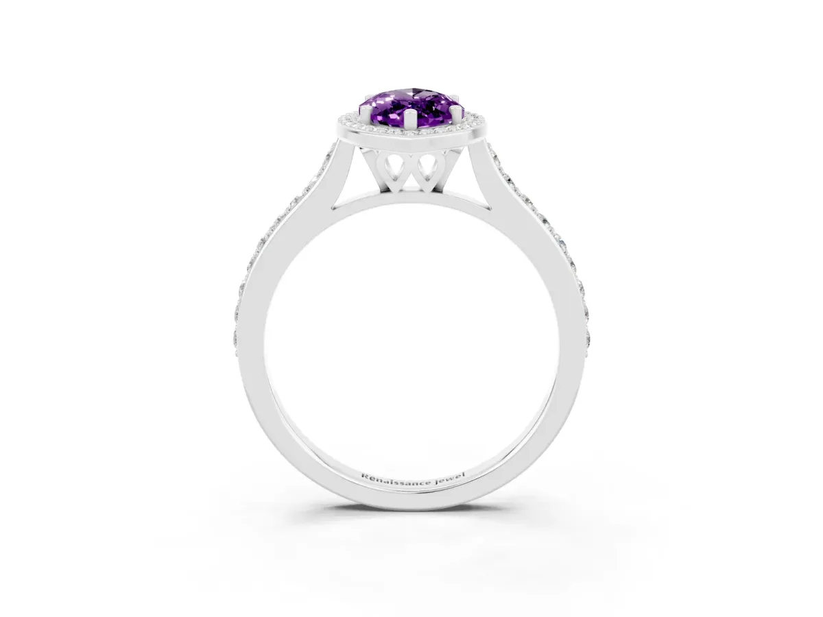 Marquise Cut Amethyst Halo Engagement Ring with Round Pavé Shoulders and Prong Setting Platinum