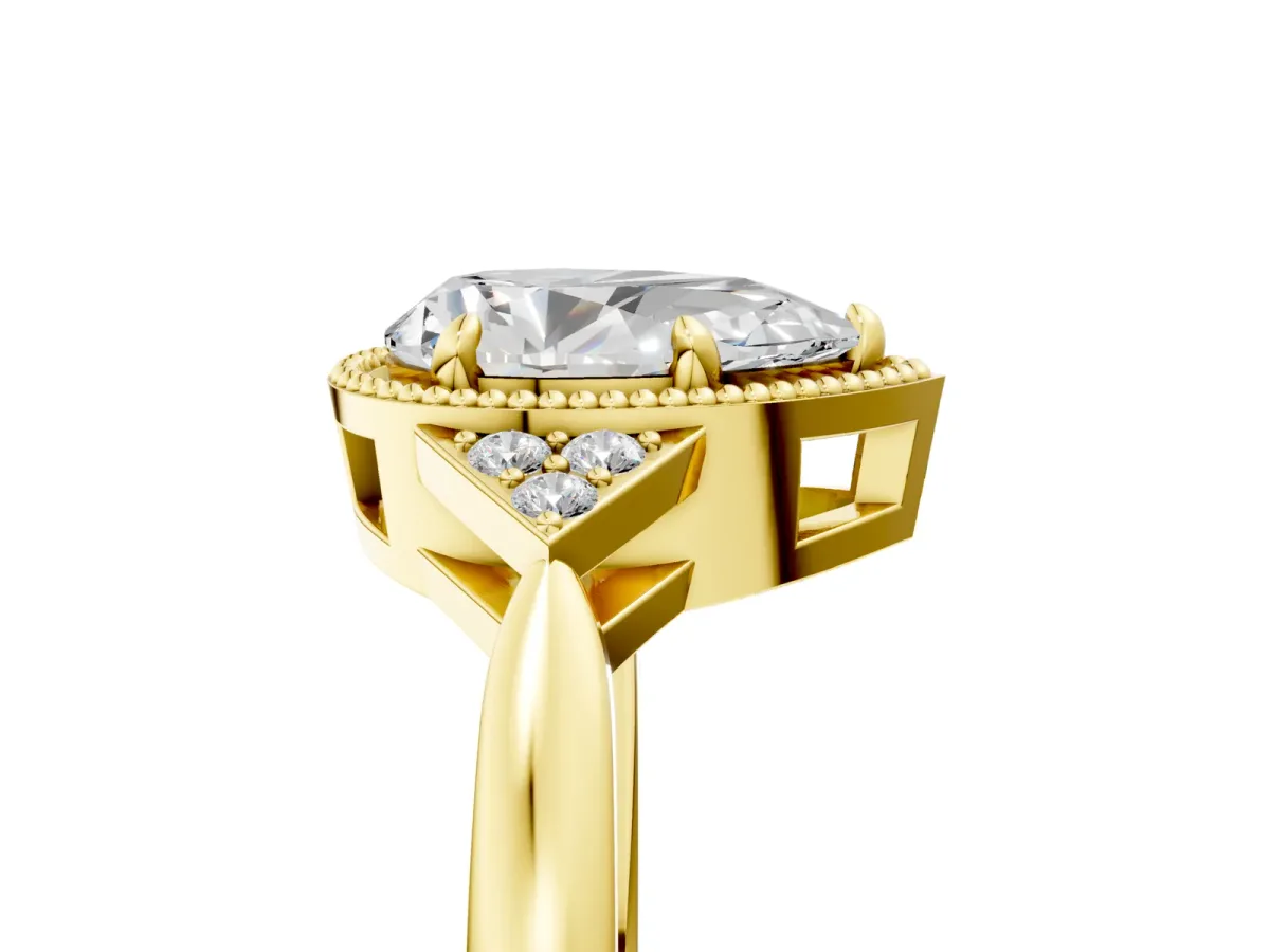 Milgrain Pear Cut Cut Diamond Ring with Tapered Pave Band and Four Prong Setting Yellow gold