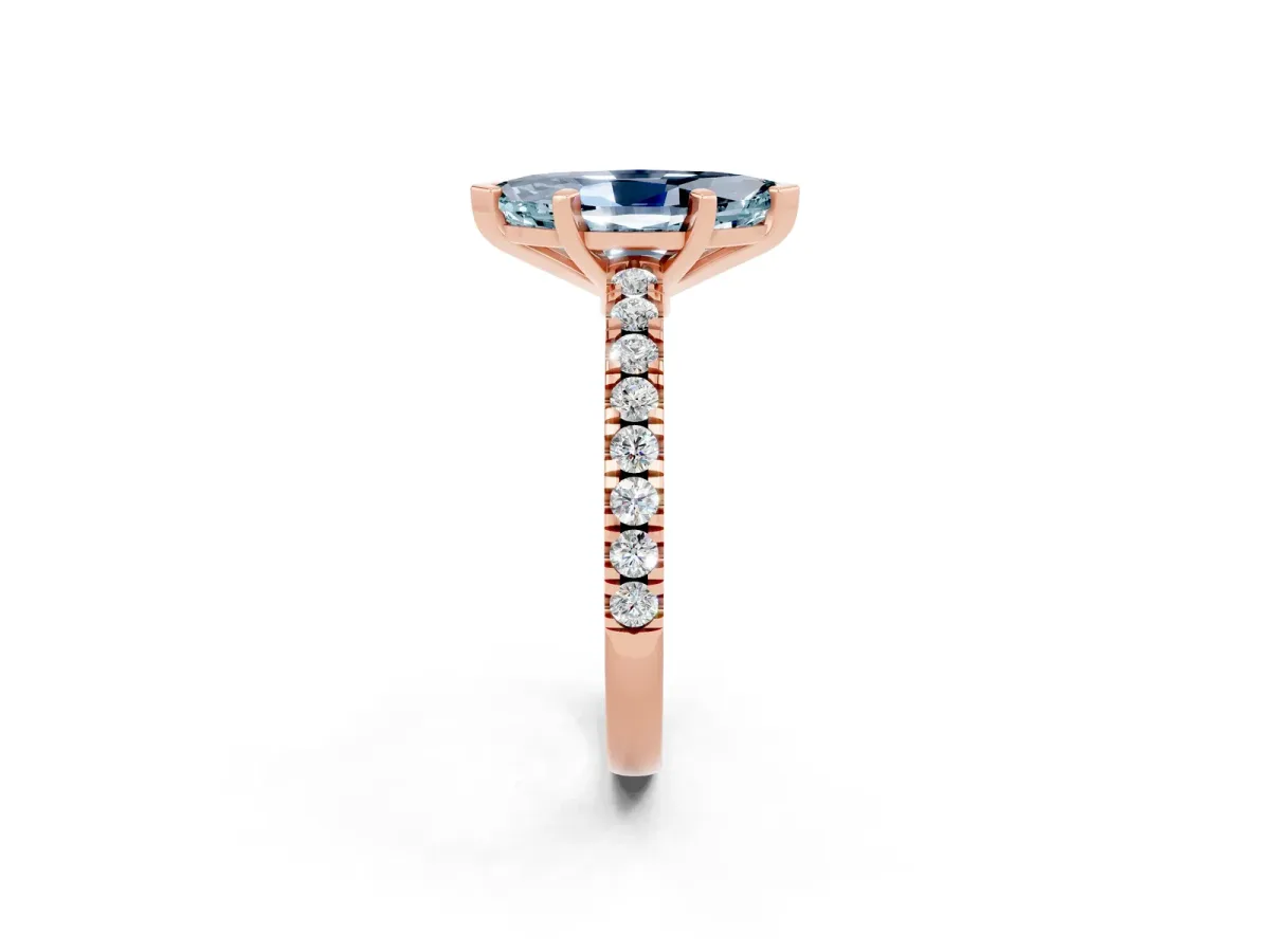 Marquise Cut Solitaire Aquamarine with Pavé Band and Four-Prong Setting Rose gold