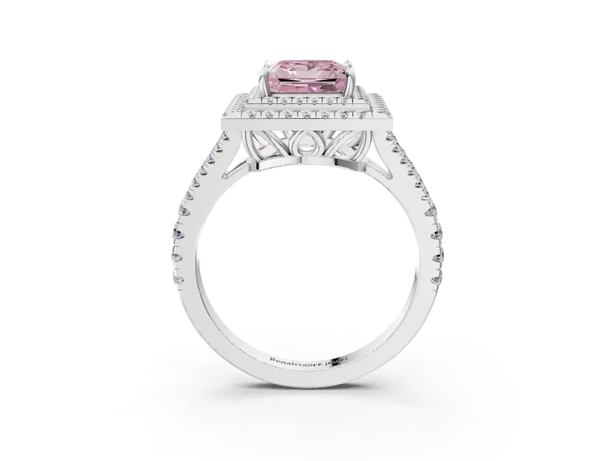 Fancy Pink Princess Cut Diamond Double Halo Ring with Pavé Band and Prong Setting White gold