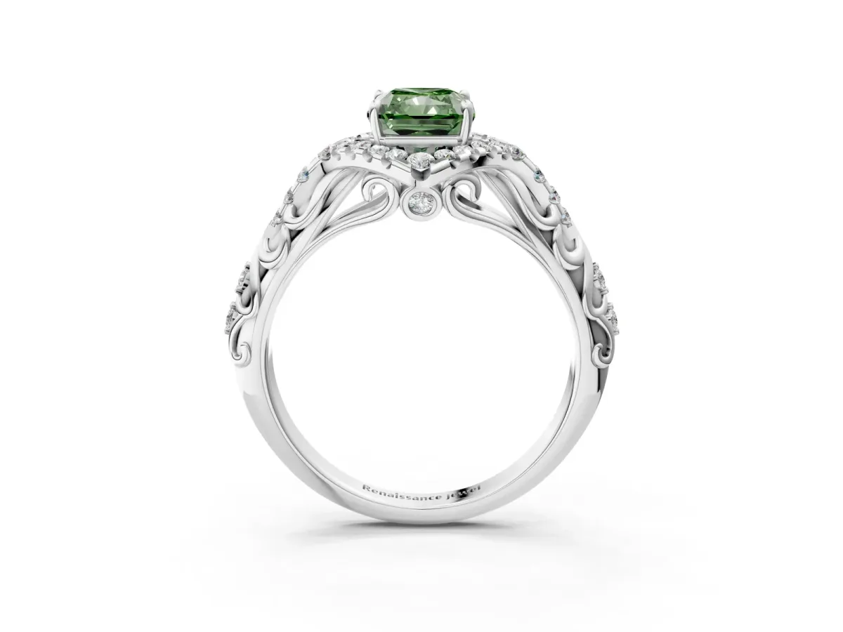 Fancy Green Radiant Cut Diamond Solitaire Ring with Hidden Halo and Pavé Band White gold