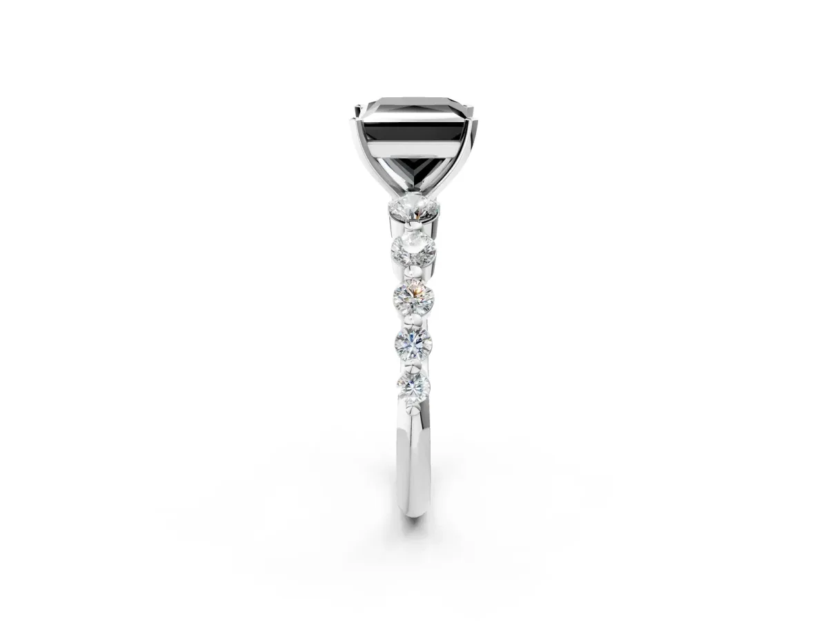 Fancy Black Princess Cut Solitaire Diamond Ring with Pave Band and Four-Prong Setting Silver