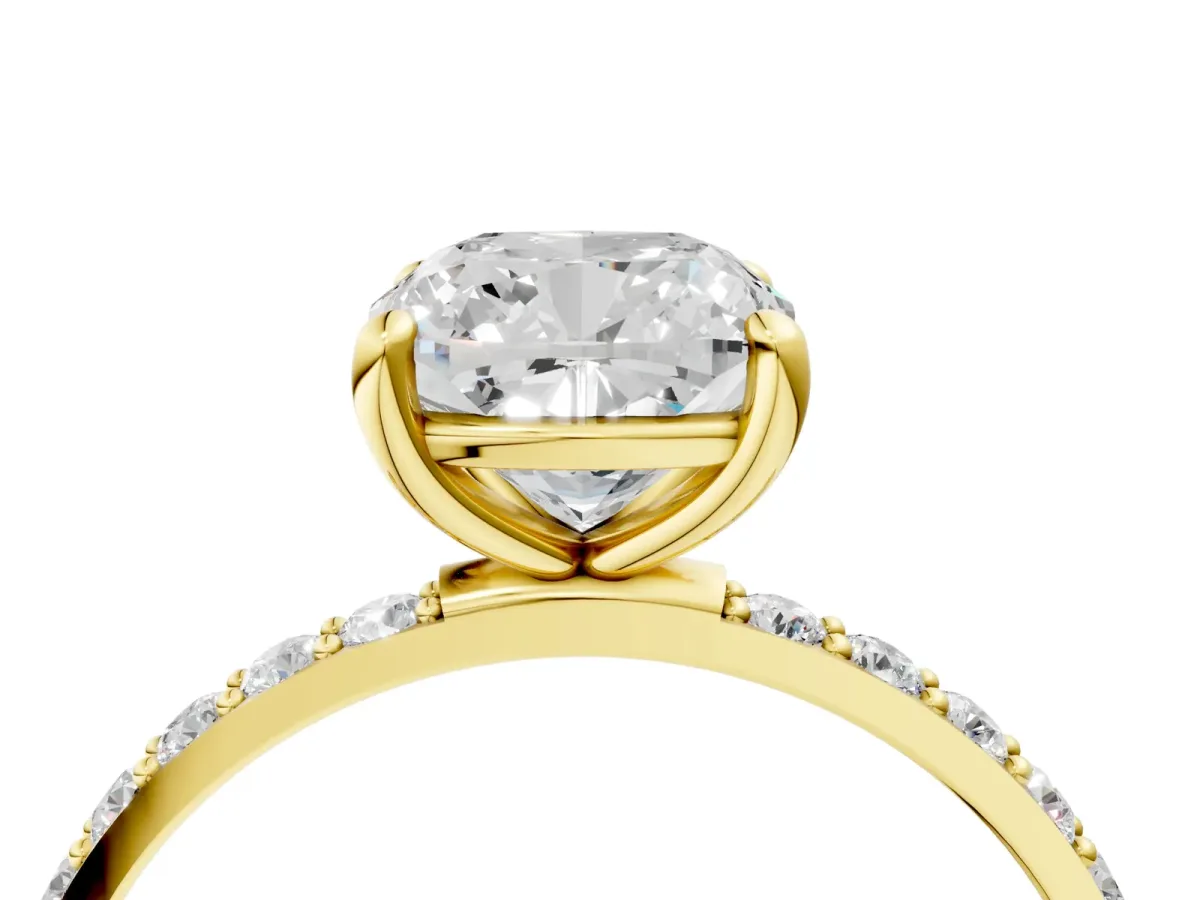 Cushion Cut Diamond Solitaire Ring with Round Moissanite Pavé Band and Prong Setting Yellow gold