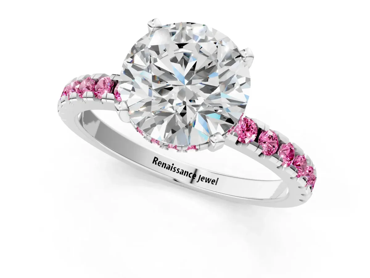 Round Cut Diamond Solitaire Ring with Round Pink Sapphire Pavé Band and Four-Prong Setting White gold