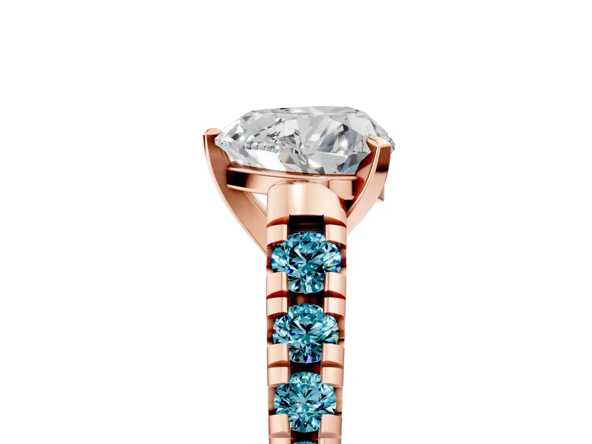 Heart Cut Diamond Cathedral Solitaire Ring with Round Blue Topaz Pavé Band Rose gold
