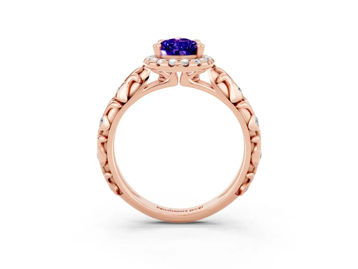 Pear Cut Tanzanite Halo Ring with Filigree Band and Prong Setting Rose gold