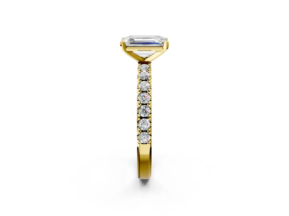 Emerald Cut Diamond Solitaire Pavé Band with Four-Prong Setting Yellow gold