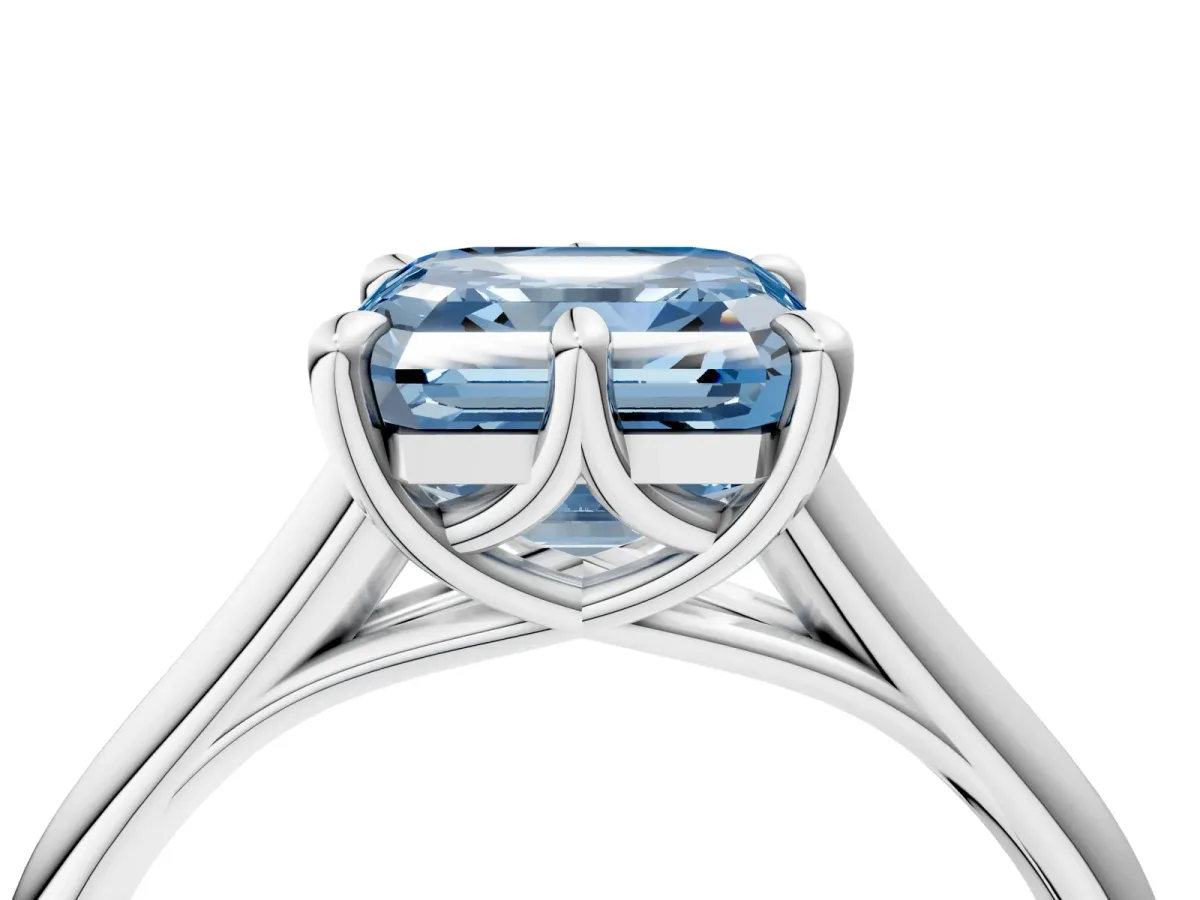 Fancy Blue Asscher Cut Solitaire Engagement Ring with Six-Prong Setting and Classic Band Platinum