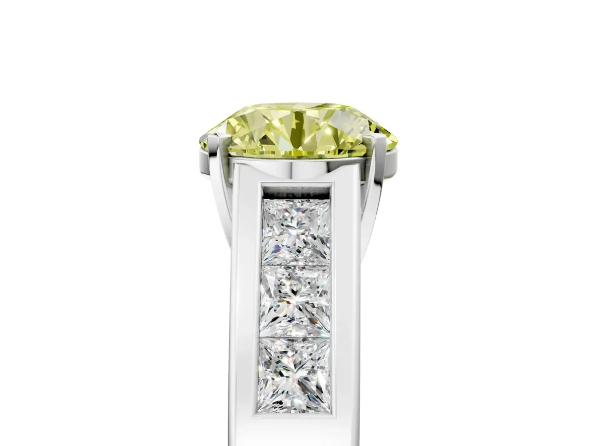Fancy Yellow Round Cut Cut Channel Set Solitaire Ring with Four-Prong Setting White gold